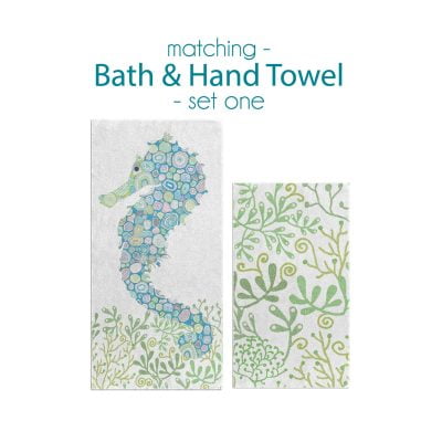 Blue and green BAth and hand towel set with seahorse for kids bathroom