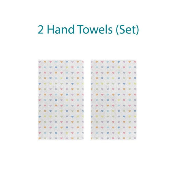 two white hand towels set with pastel love hearts for kids bathroom