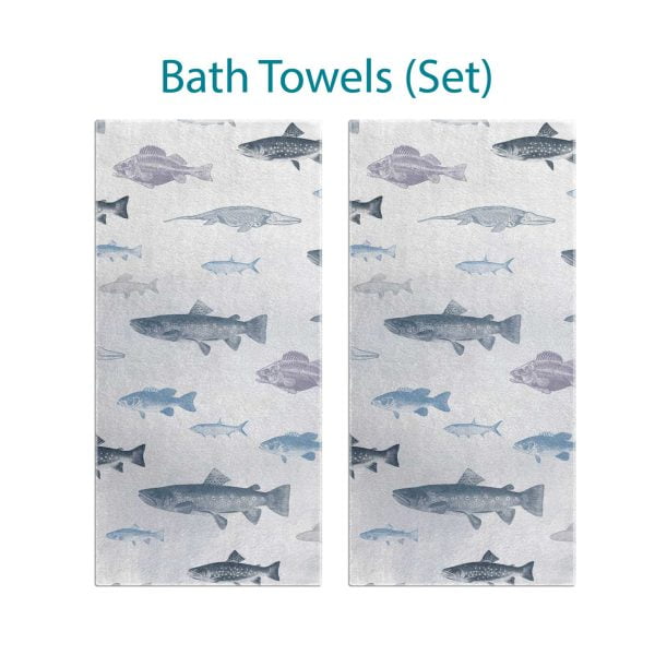 white and blue ocean fish bath towel set
