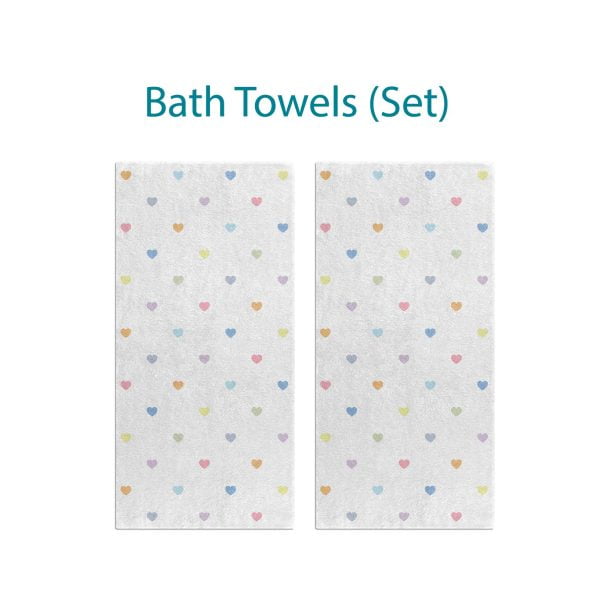 two white bath towels set with pastel love hearts for kids bathroom