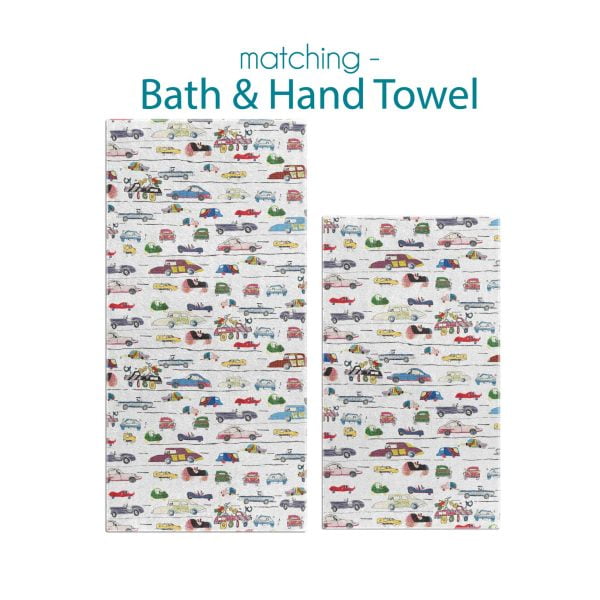 Bath and hand towel setadorned with whimsical colorful car illustrations.