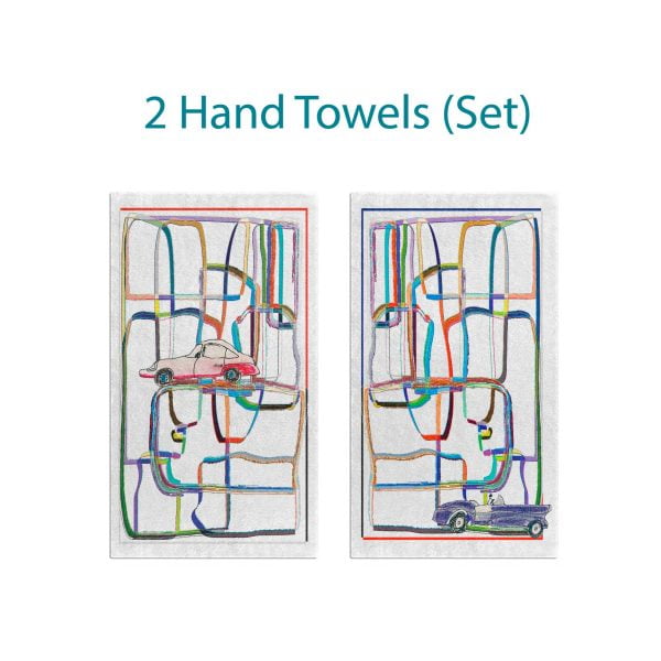Colorful hand towel set featuring hand-drawn cars on a white background.