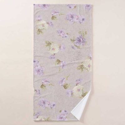 Gray Bath Towel With Shabby Chic Style lavender Purple Blurred Rose Floral Pattern
