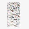 Colorful towel featuring hand-drawn cars on a white background.