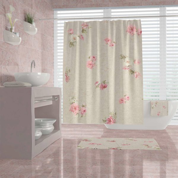 view of shabby chic floral shower curtain.