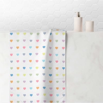 white hand towel with pastel love hearts