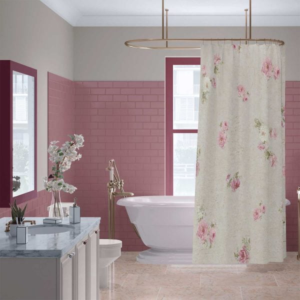 Overhead view of farmhouse shower curtain with blurred rose floral design.
