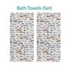 Bath towel set adorned with whimsical colorful car illustrations.