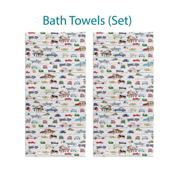 Bath towel set adorned with whimsical colorful car illustrations.