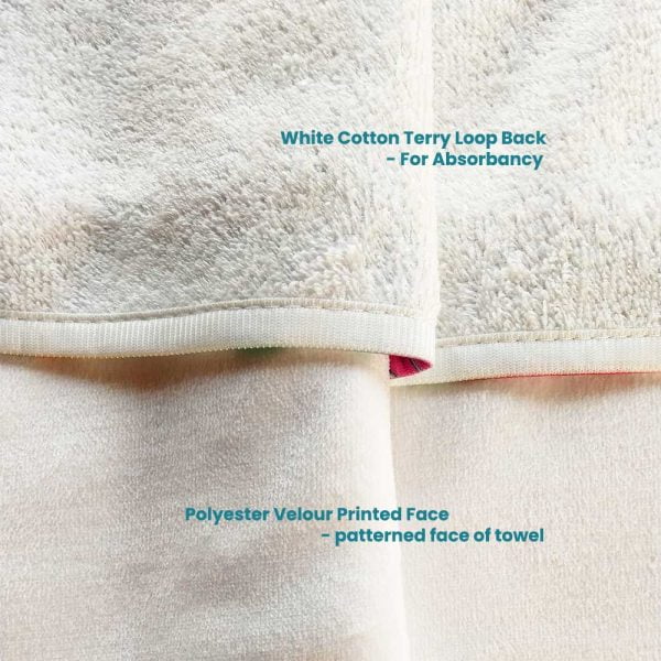 polyester velour patterned towel with white cotton terry loop back