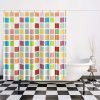 Bright and colorful checkered shower curtain with multicolored squares and strong metal grommets for hooks