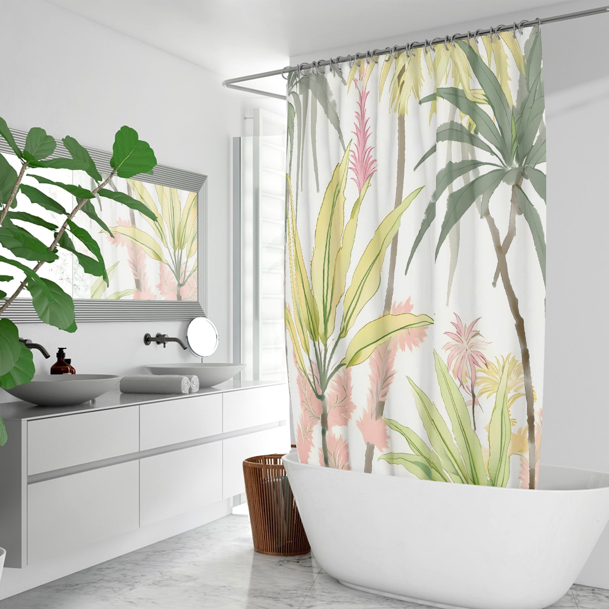 Hanging Green Leaves and Pink Roses Shower Curtain | Bath shops Decor | Luxury and Elegant Bathroom Curtain | Modern Floral Bathroom Decor