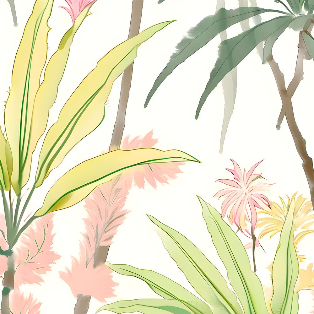 Close-up of tropical palm leaves and pink flowers printed on shower curtain fabric