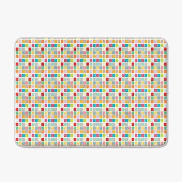 Close-up of small basin-sized bath mat (24" x 17") showcasing vibrant multicolor checkered pattern