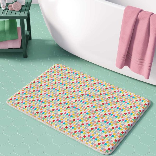 Bathroom scene showcasing a large bath mat (34" x 21") with vibrant multicolor checkered pattern