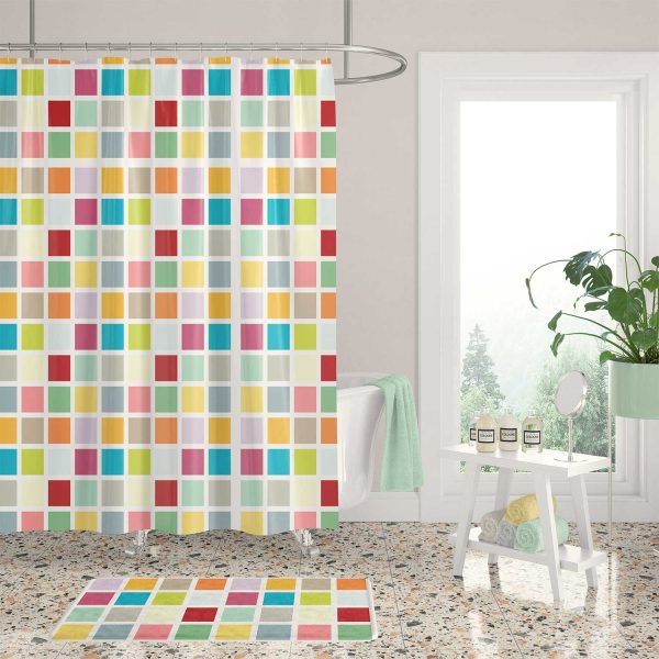 Colorful checkered pattern shower curtain with vibrant multicolored squares and durable metal grommets