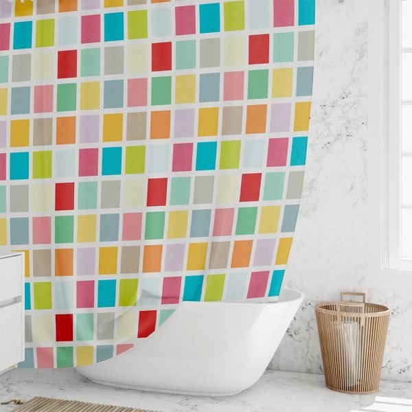 Colorful checkered shower curtain with vibrant multicolored squares and durable metal grommets for hook placement