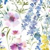 Close-up of floral artwork on shower curtain with lilac, purple, pink, and yellow flowers