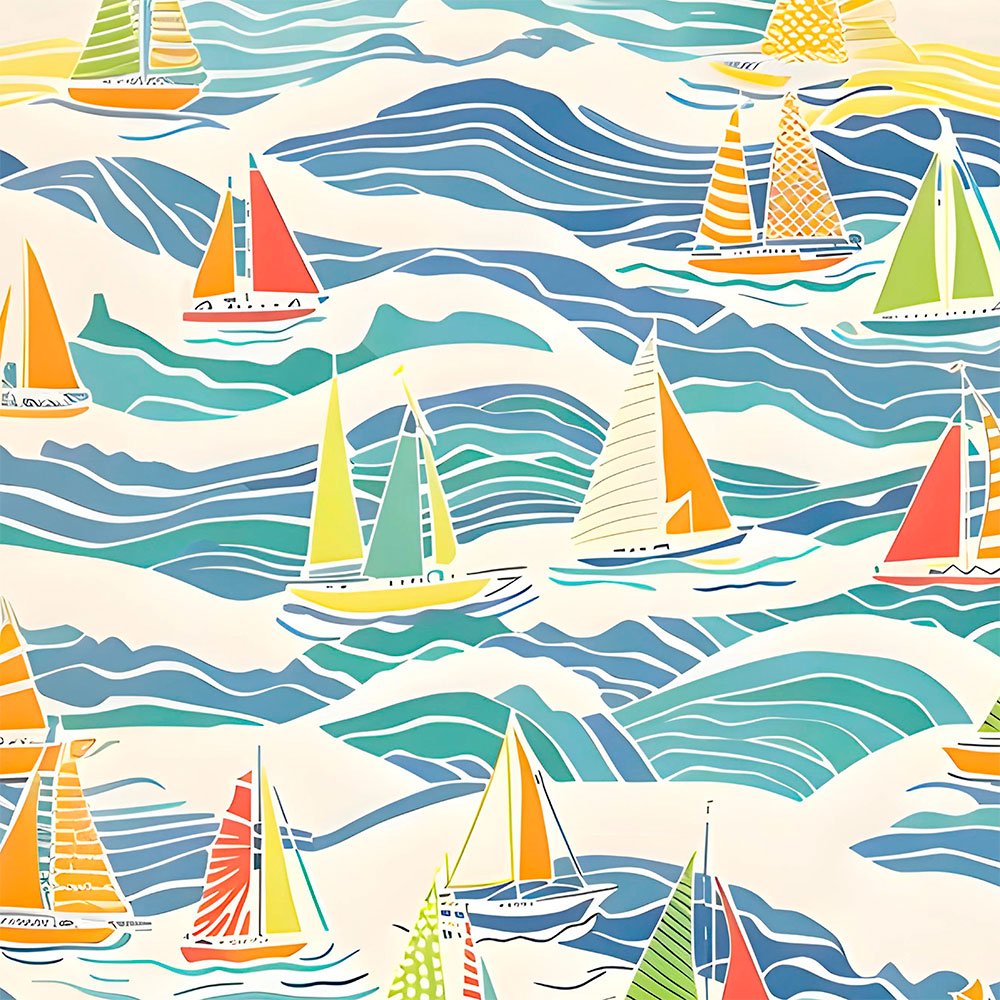 close-up of fabric print design on beach themed bath mat with sailboats by Ozscape Designs in bathroom