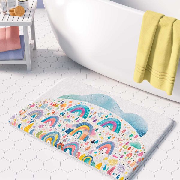 Rainbow bath mat with anti-skid surface for kids' bathroom decor.