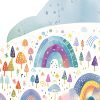 Close-up of colorful abstract rainbow design on a shower curtain for kids