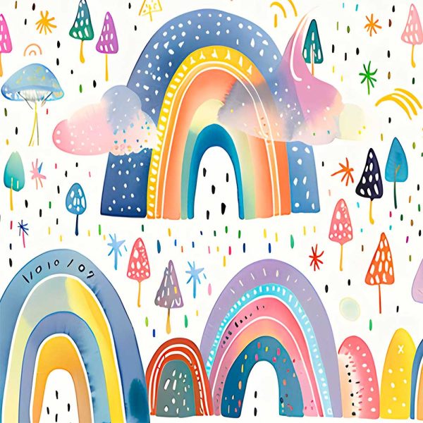 Detailed view of colorful abstract rainbows on a kids' shower curtain