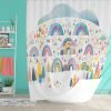Colorful abstract rainbow design on a shower curtain for kids' bathroom