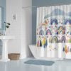 Playful shower curtain with abstract rainbow design for a child's bathroom