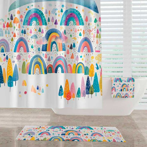 Colorful abstract mountain shape made up of rainbows on a shower curtain for a child's bathroom.