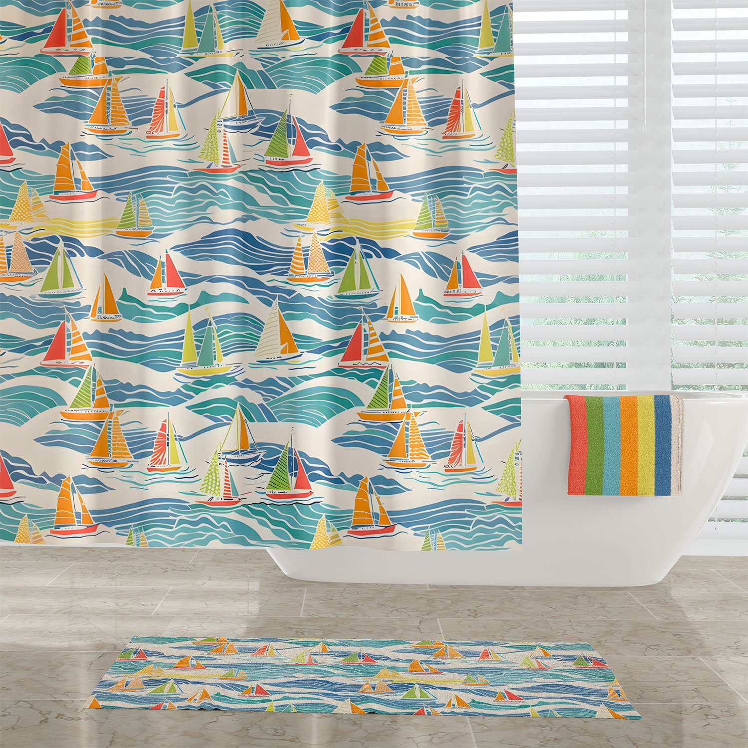 elegant beach theme shower curtain with blue yellow green and orange sailboats by Ozscape Designs hanging in bathroom