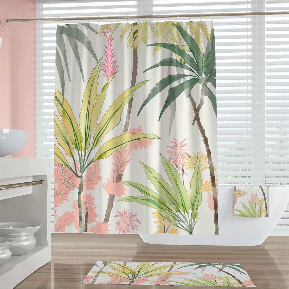 Exotic palm leaf and pink flower print shower curtain, adding a touch of paradise to your daily routine with its stunning tropical motif