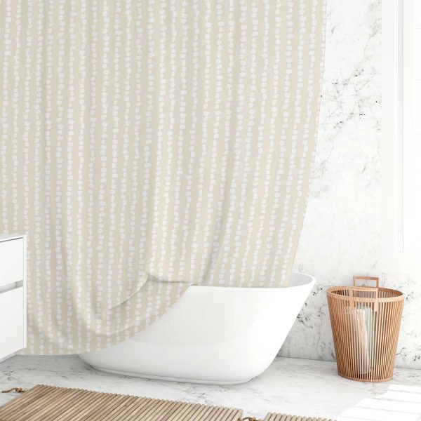 Coastal beige and white pebble striped shower curtain by Ozscape Designs hanging in a bathroom.