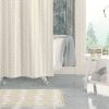 Coastal beige and white pebble striped shower curtain and matching bath mat set by Ozscape Designs.