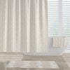 Coastal beige and white pebble striped shower curtain and matching bath mat set by Ozscape Designs.