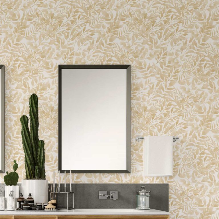 Beige watercolor wallpaper for bathroom with peel and stick vinyl, polyester, traditional, and pre-pasted options.