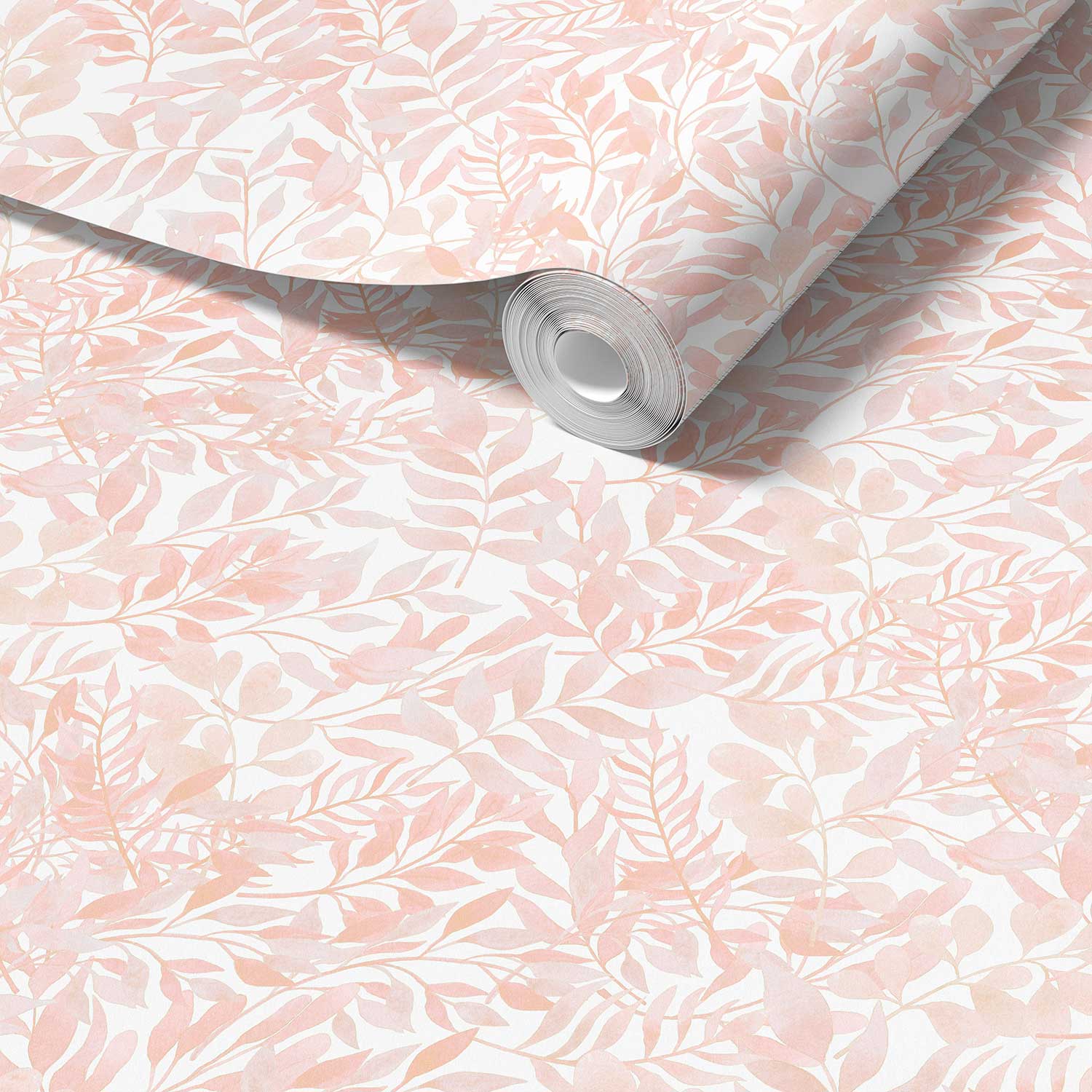 Close-up detail of soft peachy pink watercolor leaves wallpaper design, showcasing the intricate and delicate leaf patterns