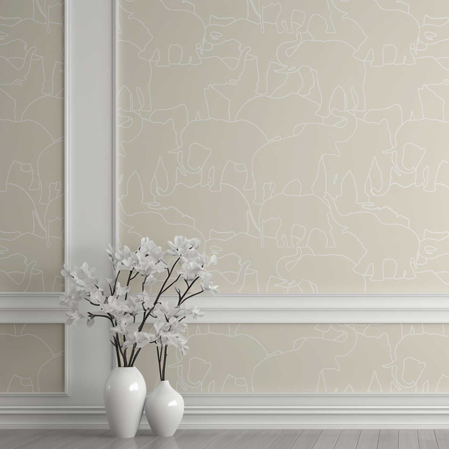 Contemporary beige and white elephant wallpaper in a playroom