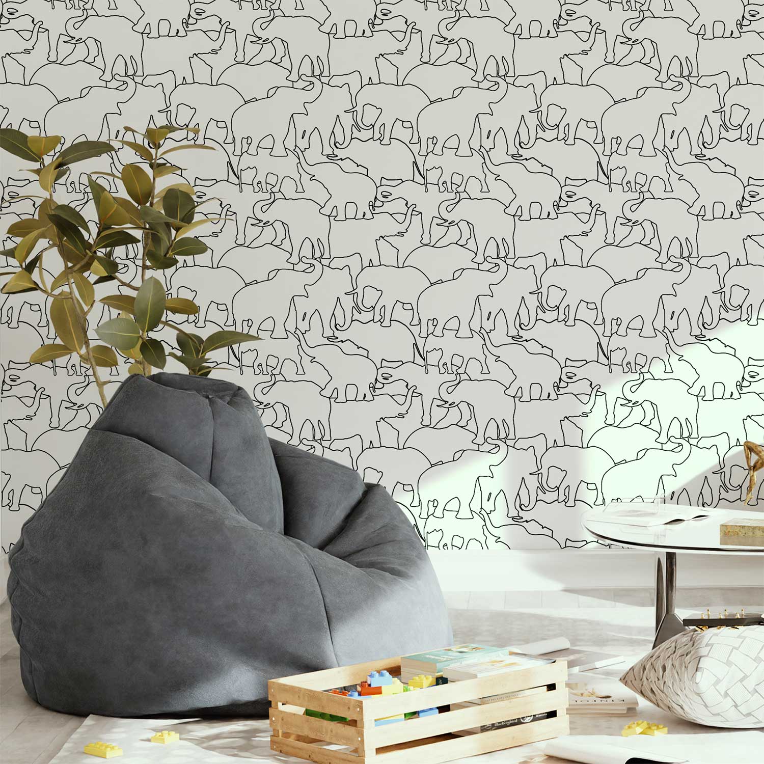 Contemporary black and white elephant wallpaper in a playroom