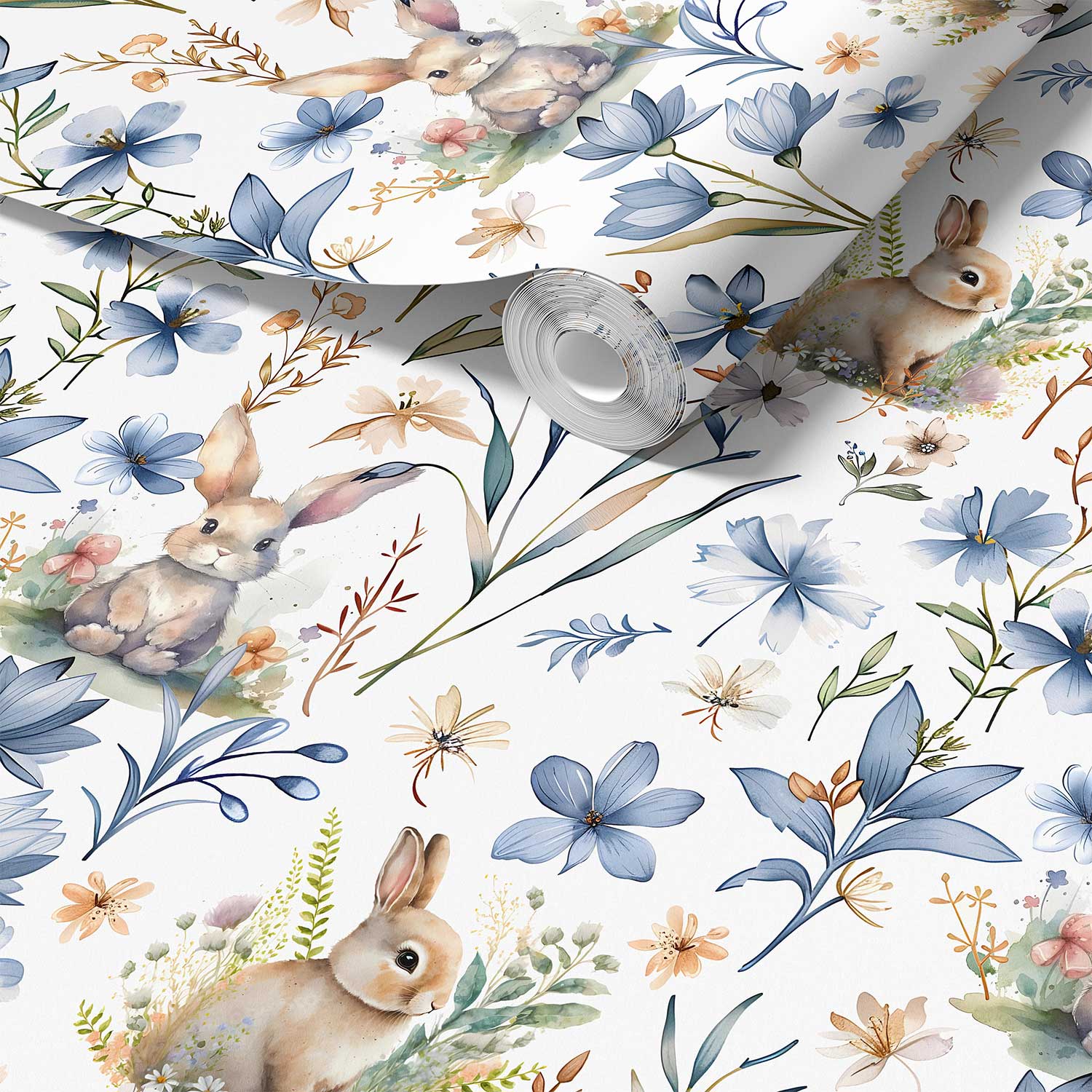 Detailed View of Cute Bunny Rabbit Floral Wallpaper in Blue - Cottage Chic Design