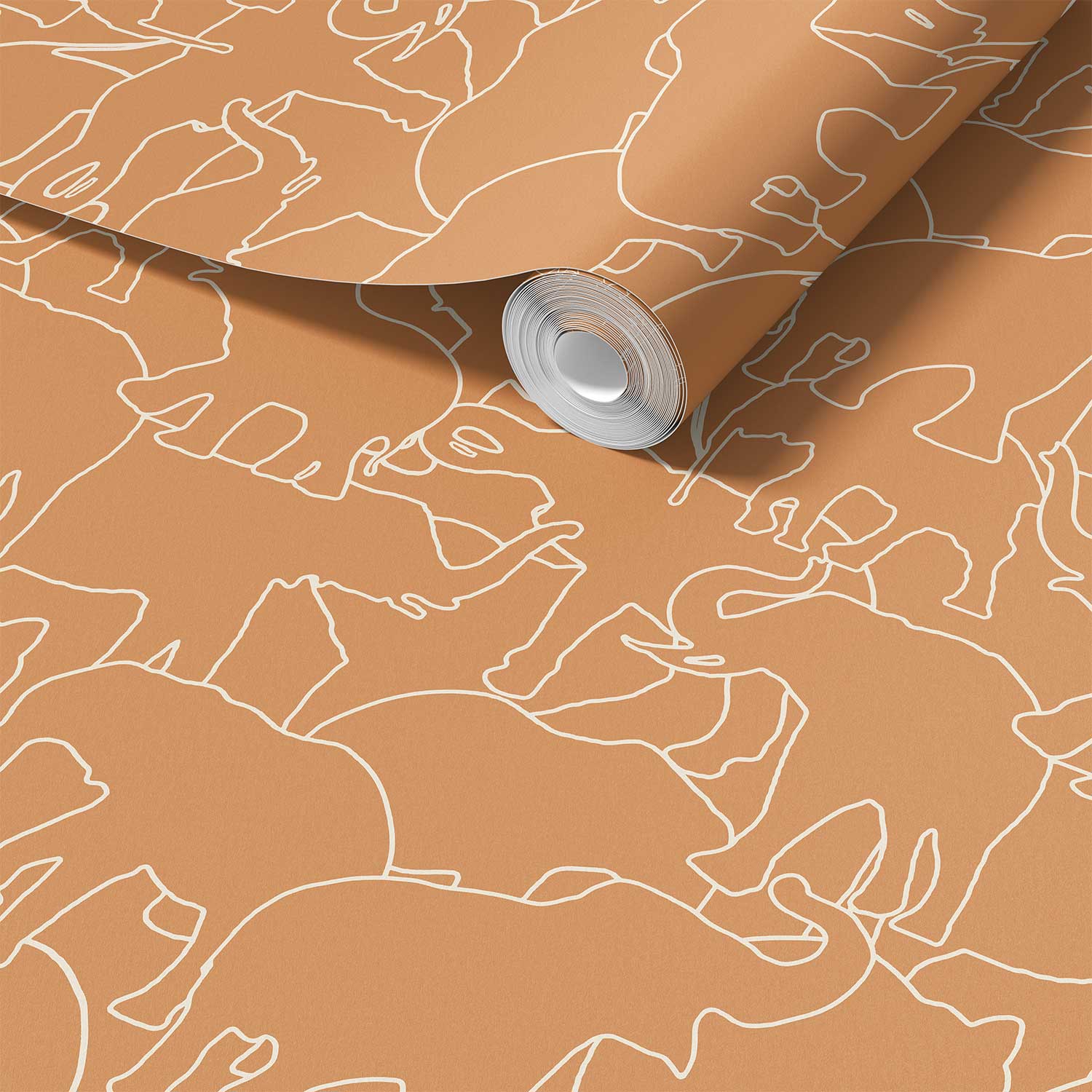 Close-up detail of burnt orange elephant wallpaper sample