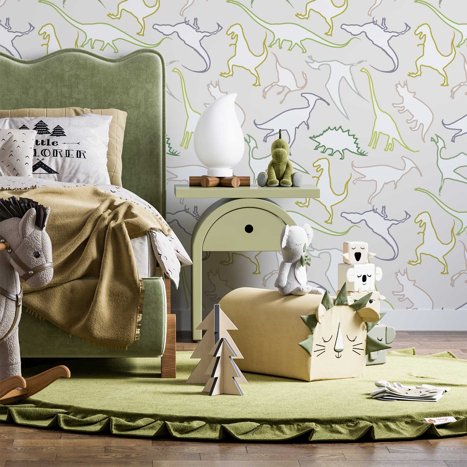 Dinosaur wallpaper for kids in beige, greens, and browns.