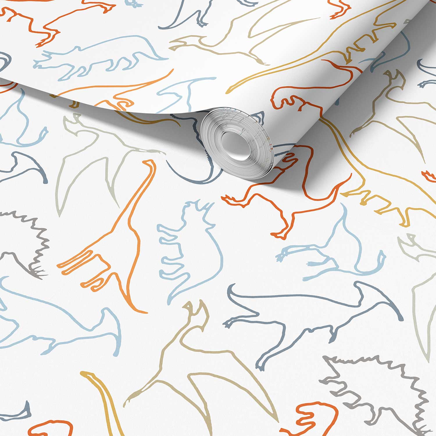 Close-up detail of orange, blue, gray and white dinosaur wallpaper sample