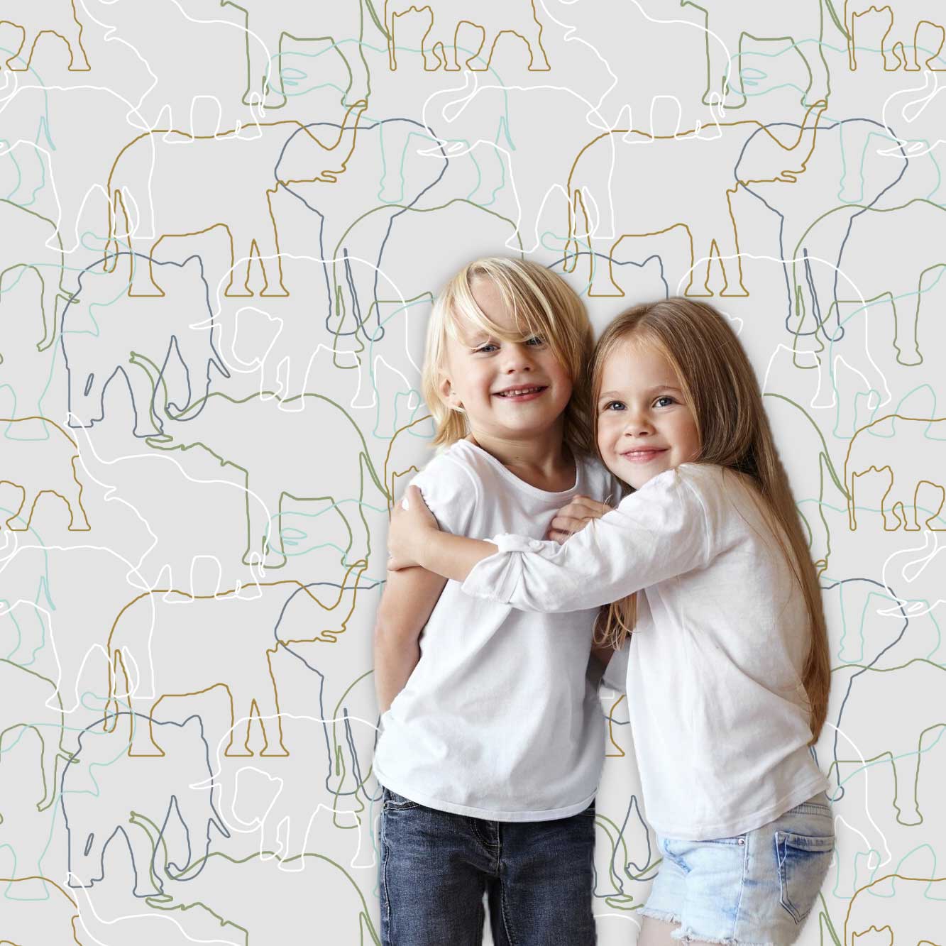 Contemporary grey, yellow, and white elephant wallpaper in a playroom