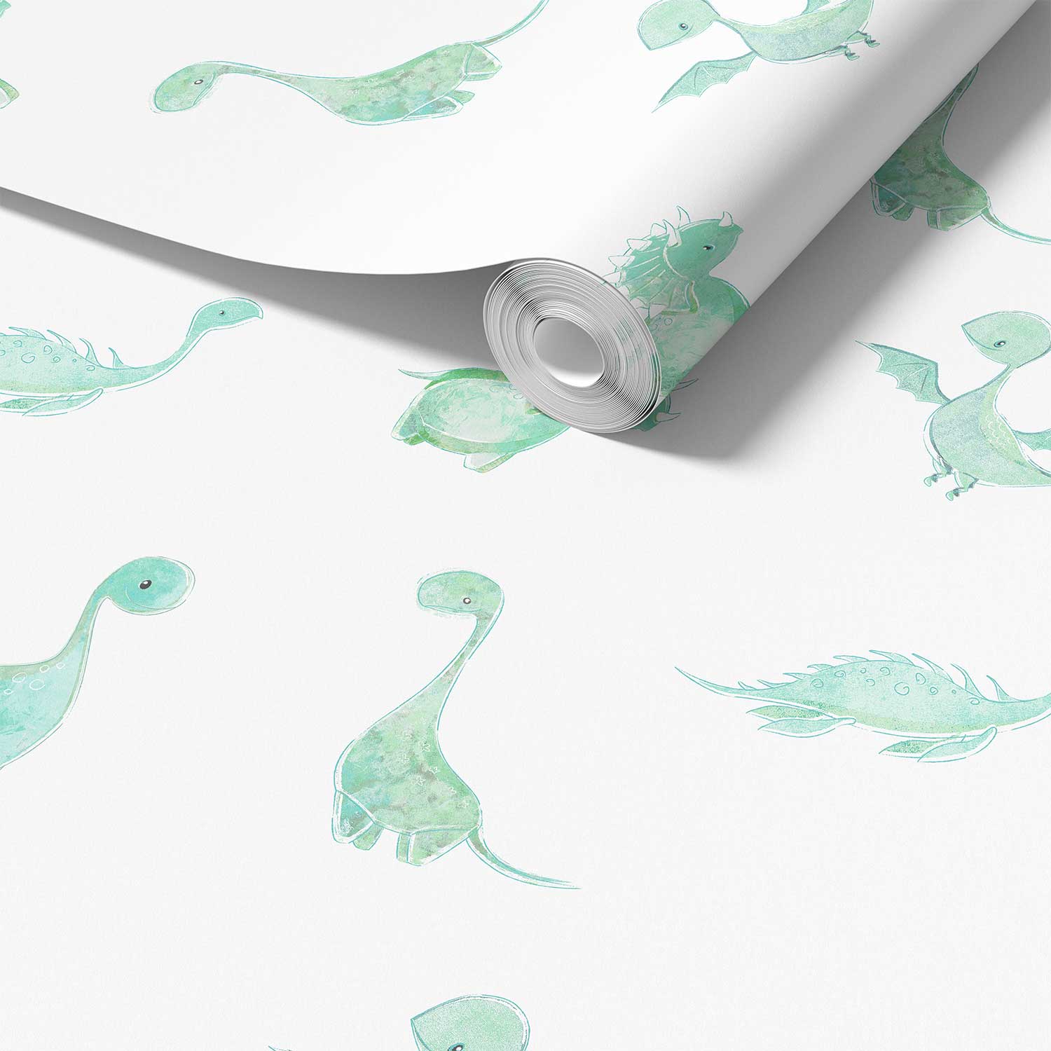 Detailed view of a mint green dinosaur wallpaper roll, available in vinyl, paper, or fabric peel and stick options