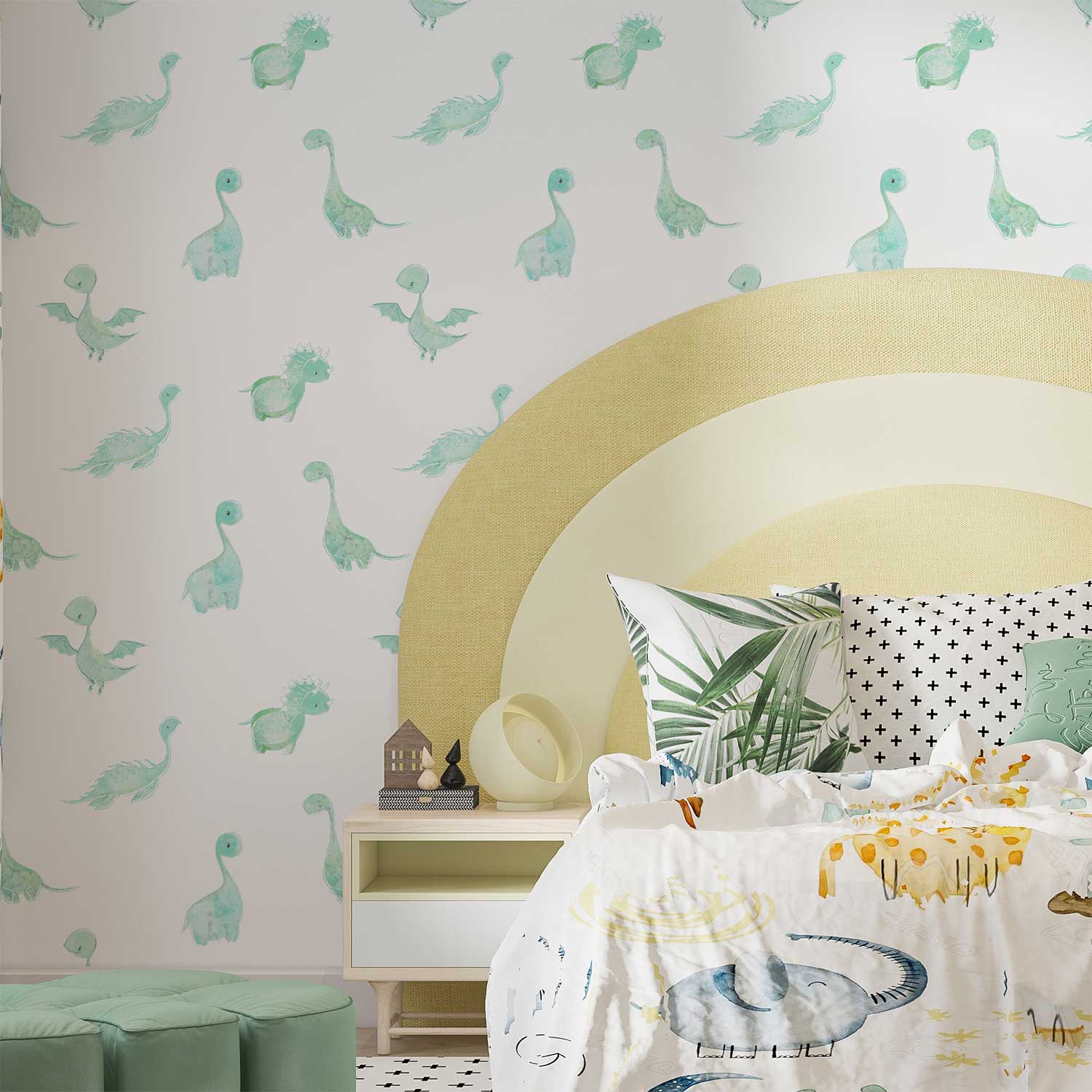 Mint green dinosaur wallpaper in a kids room, available in vinyl, paper, or fabric peel and stick options