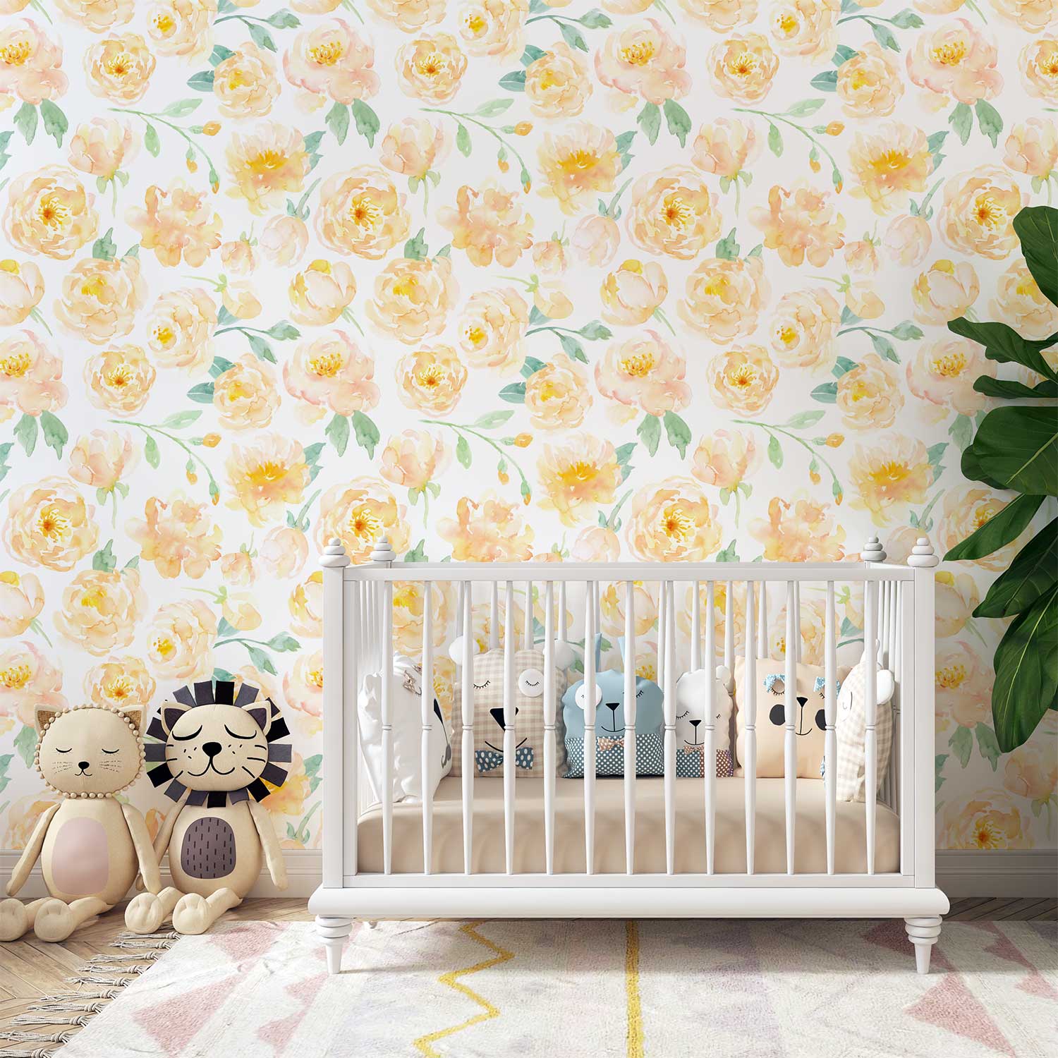 Yellow watercolor peony floral wallpaper in a nursery