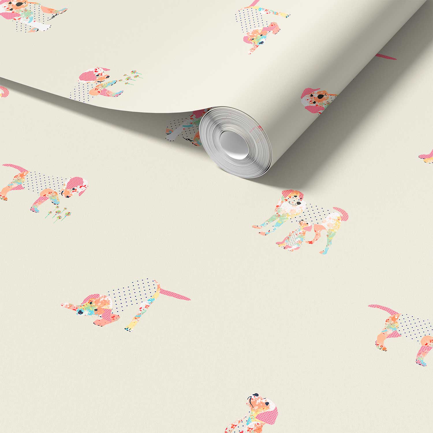 Close-up of pink puppy dog wallpaper for kids.