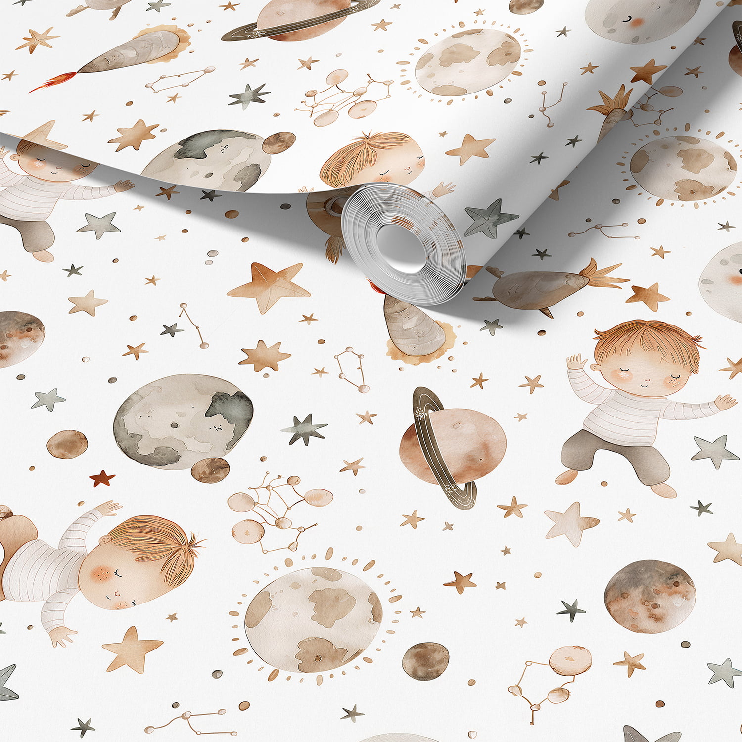 Neutral space-themed wallpaper with planets and stars for baby nursery and kids room.