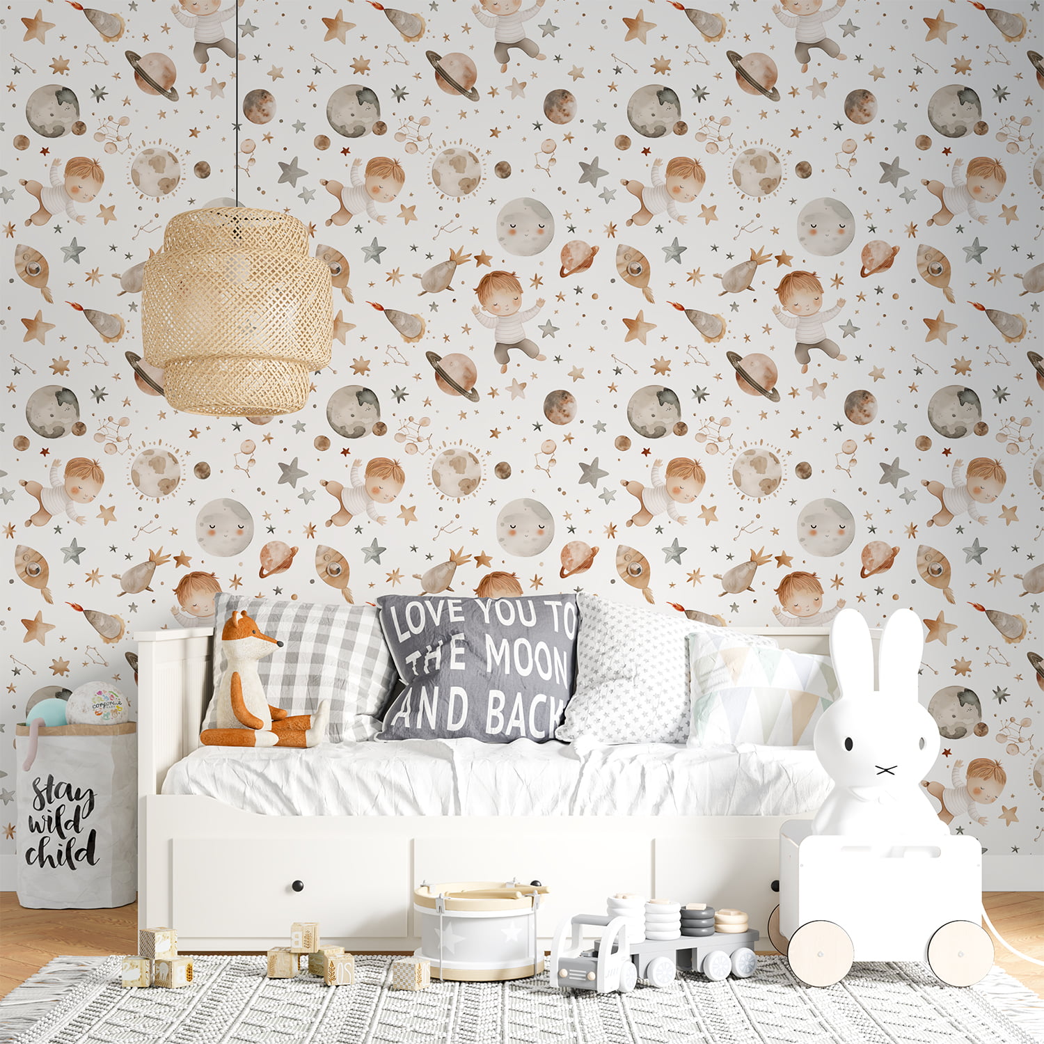 Neutral space-themed nursery wallpaper with planets and stars for kids' room decor.