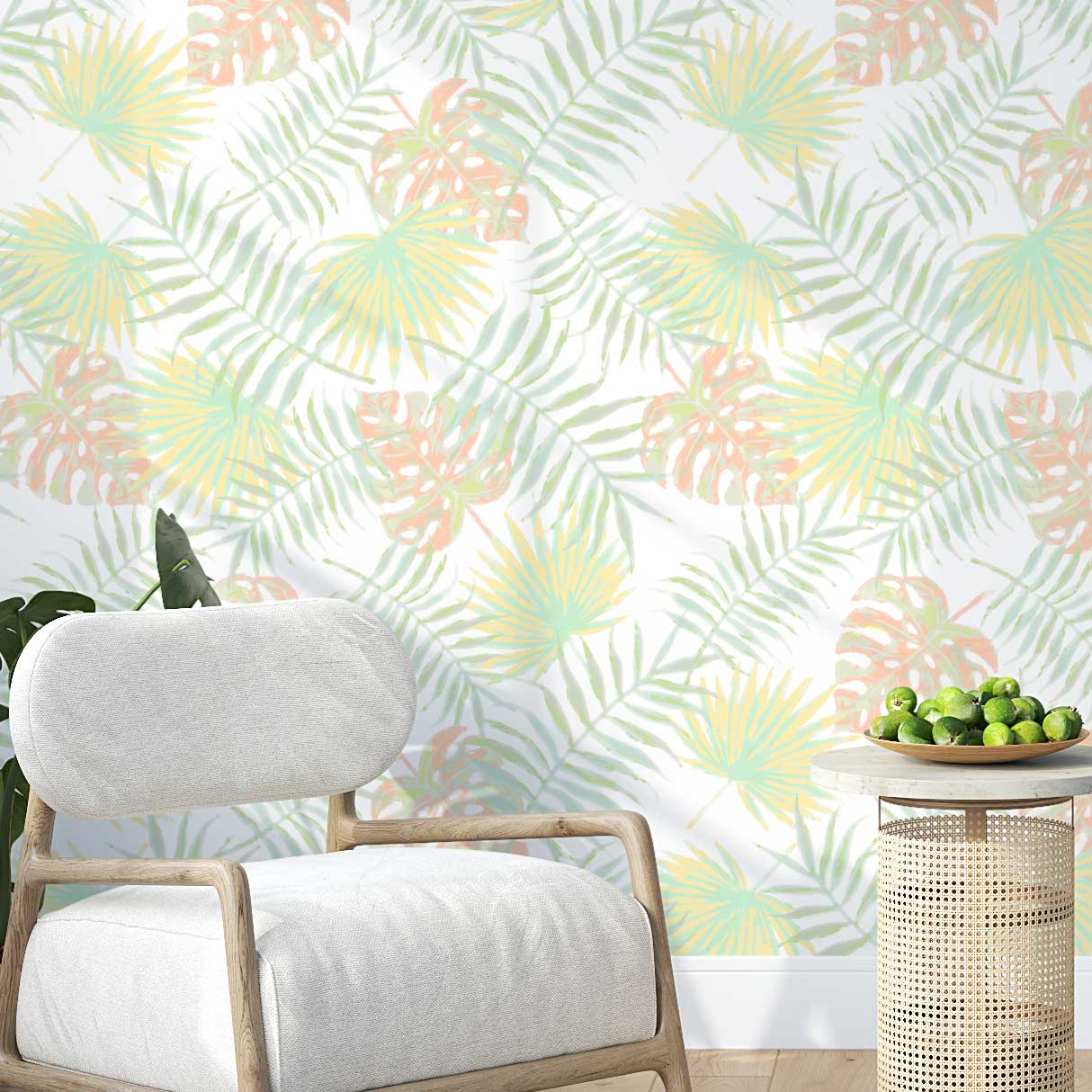 apricot and green tropical palm leaves wallpaper with peel and stick option